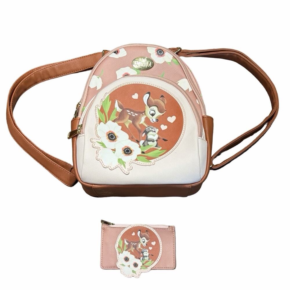 Loungefly Disney Bambi Thumper Floral Mini Backpack Wallet Set Pink Brown